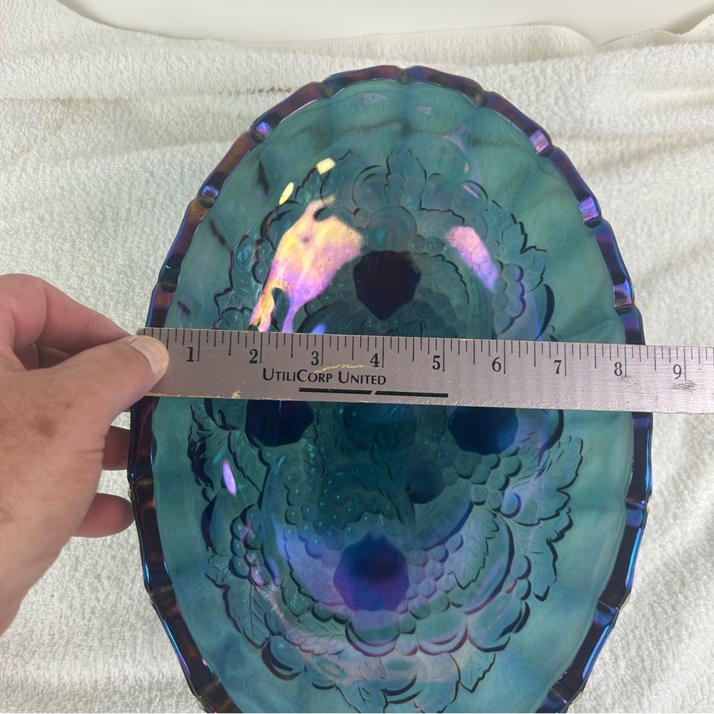 VTG Indiana Blue Iridescent Carnival Glass Grape Centerpiece Console Fruit Bowl - Picture 10 of 11